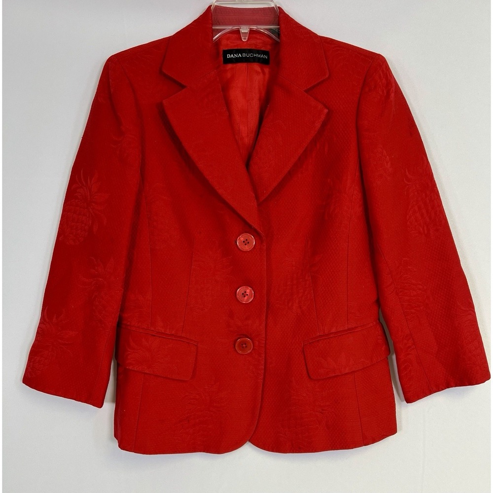Dana Buchman Blazer Jacket Sz 8 Red 100% Cotton Pineapple Print Vintage